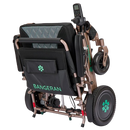 Front Right View Of The Bangeran Mammoth EX Electric Wheelchair Shown With Brown And Teal Color In The Folded Position