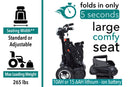 Side View Of The ComfyGo MS 3000 Mobility Scooter Shown In Black Color With Plus Size Seat And Diagram Demonstrating It Can Fold In 5 Seconds