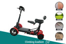 Side View Of The ComfyGo MS 3000 Mobility Scooter Shown In Red Color With Standard Size Seat And Diagram Of All Terrain Capability And 12 Degree Climbing Gradient