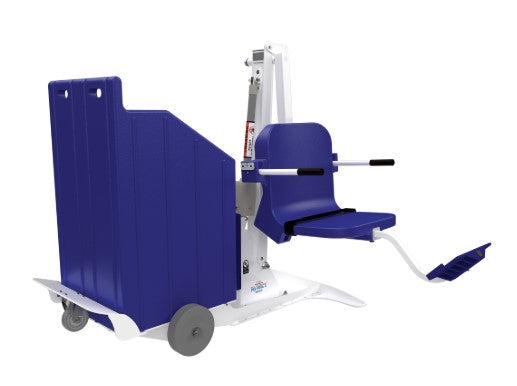 A Blue And White Aqua Creek Portable Pool Lift With Wheels, Designed For Accessibility In-Ground Pools And Spas.