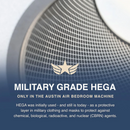 A Close-Up Graphic Of A Metallic Mesh Circular Component With A Winged Star Logo And Text Reading 'Military Grade HEGA' And 'Only In The Austin Air Bedroom Machine'.