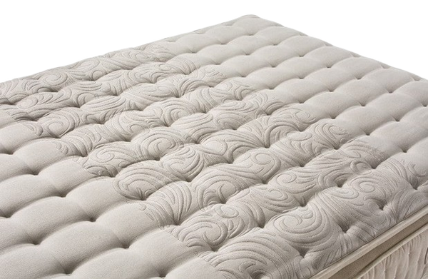 A Close-Up Of The Eurolux Harmony: The 11-Layer Luxury Mattress Crafted By Masters Surface In A Light Warm Gray Or Beige Tone, Showing Tufted Cloud-Like Stitching