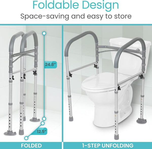 A Folded View And An Unfolded View Of The Vive Health Toilet Safety Frame With Handles Highlighting Its Foldable Design