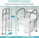 A Folded View And An Unfolded View Of The Vive Health Toilet Safety Frame With Handles Highlighting Its Foldable Design