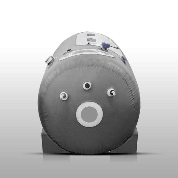 A gray OxyRevo Apex32 1.5 ATA Portable Hyperbaric Chamber Rear View