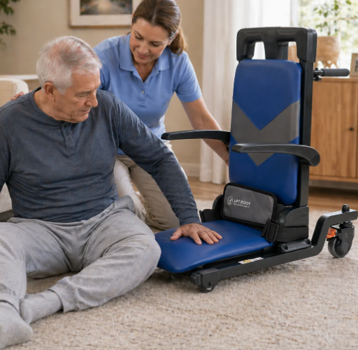 A Man Sits On A Carpeted Floor While A Woman In A Blue Polo Shirt Assists Him With Mobile Patient Lift Buddy Motorized Floor To Seat Fall Recovery Patient Lift Chair For Seniors In A Home Setting