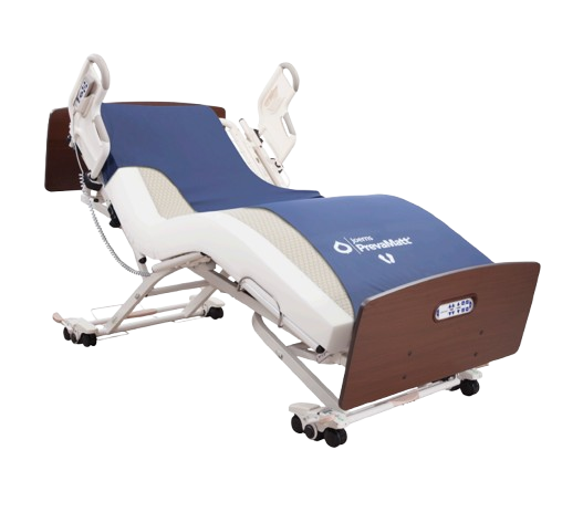 A Medical Bed With The Joerns PrevaMatt® Console Mattress Series With White Metal Frame Side Rails And Brown Wooden Head And Footboards
