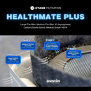 A Product Information Graphic For The Austin Air Systems HealthMate Plus Standard Air Purifier 4-Stage Filtration System. The Top Half Is A Black Banner With Blue Text Detailing The Four Stages Of Filtration, While The Bottom Half Shows A Close-Up, Labeled Diagram Of The Multi-Layered Filter Elements (Stage 1 Through 4) Inside A Silver Mesh Canister