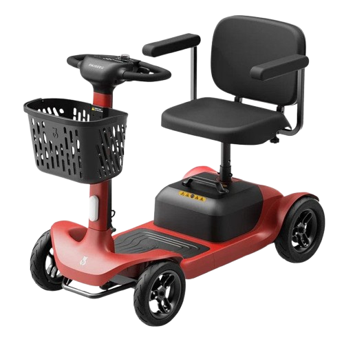 A Red Paiseec S1 Mobility Scooter With A Basket, Showing The Front View With The Scooter