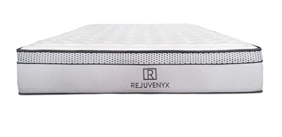 A Rejuvenyx Mattress Shown From A Front-Facing Perspective. The Mattress Features A White Quilted Top Surface, A Textured Gray And White Patterned Band Around The Middle, And A Light Gray Side Panel With The Rejuvenyx Brand Name And Logo Printed In Black