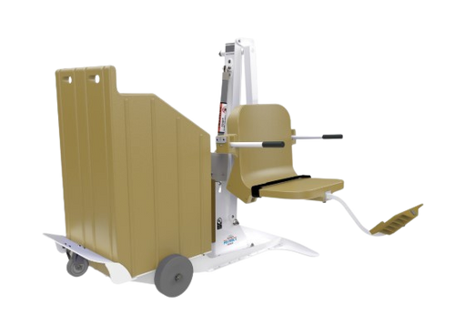 A Tan And White Aqua Creek Portable Pool Lift With Wheels, Designed For Accessibility In-Ground Pools And Spas.