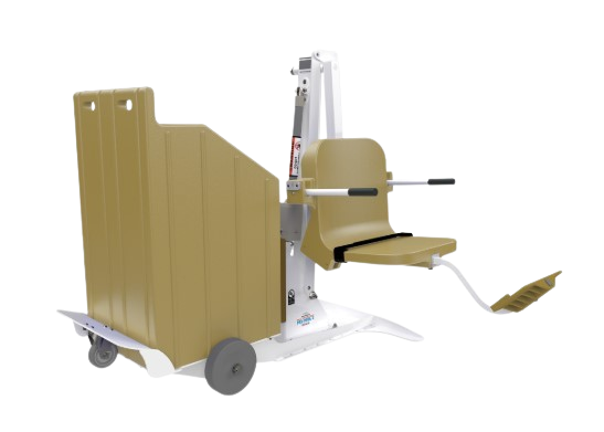 A Tan And White Aqua Creek Portable Pool Lift With Wheels, Designed For Accessibility In-Ground Pools And Spas.