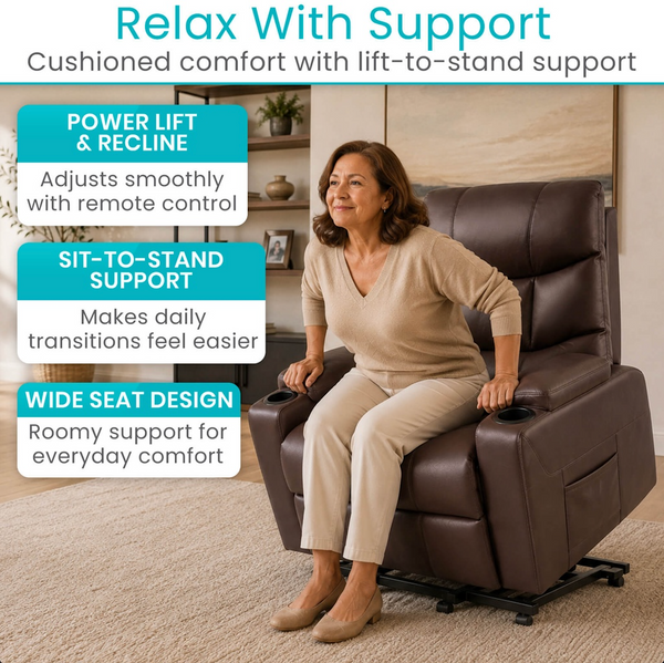 A Woman Exiting The Vive Health Lounge Lift Chair In A Living Room Setting With Text Relax With Support. And Cushioned Comfort With Lift-To-Stand Support