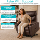 A Woman Exiting The Vive Health Lounge Lift Chair In A Living Room Setting With Text Relax With Support. And Cushioned Comfort With Lift-To-Stand Support
