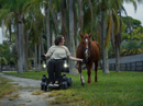 A Woman Riding The STRUTT ev1 Smart Electric Mobility Vehicle In An Outdoor Setting While Guiding A Horse Beside Her