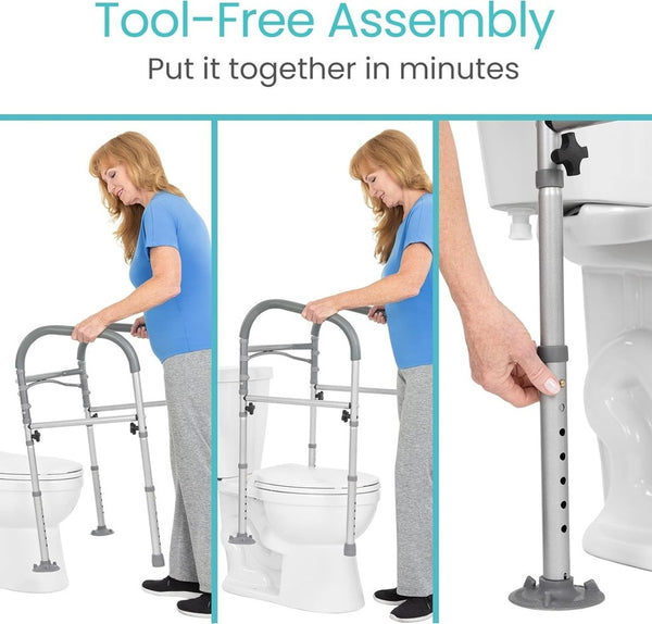 A Woman Showing The Tool-Free Assembly Steps Involved With The Vive Health Toilet Safety Frame With Handles