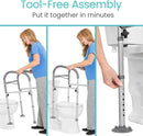 A Woman Showing The Tool-Free Assembly Steps Involved With The Vive Health Toilet Safety Frame With Handles