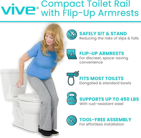 A Woman Using The Vive Health Rise Up Toilet Rail With Key Features Written Out