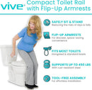 A Woman Using The Vive Health Rise Up Toilet Rail With Key Features Written Out
