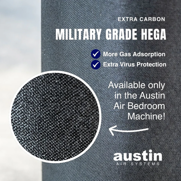 Advertisement For The Austin Air Systems Bedroom Machine Air Purifier HEPA Filter With Text And Close-Up Of Filter Material