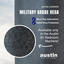 Advertisement For The Austin Air Systems Bedroom Machine Air Purifier HEPA Filter With Text And Close-Up Of Filter Material