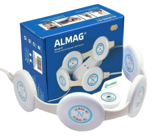 Almagia International ALMAG-01 PEMF Therapy Device With Its Blue Retail Packaging Box, Shown In The Background