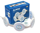 Almagia International ALMAG-01 PEMF Therapy Device With Its Blue Retail Packaging Box, Shown In The Background