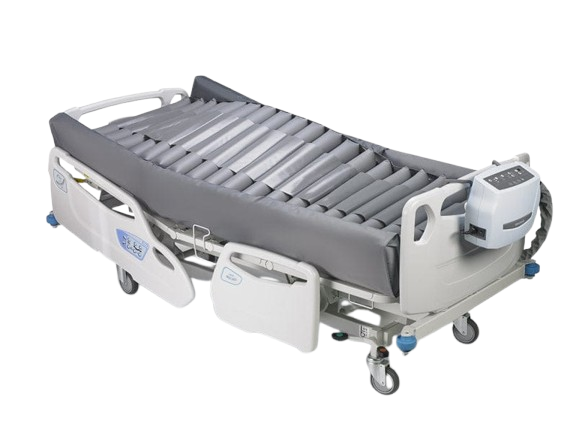 An Adjustable Hospital Bed With The Wellell Optima Turn Lateral Rotation Pressure Relief Mattress With Stretch Cover On It, White Side Rails, And A Digital Control Unit On The Footboard