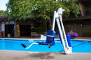 Aqua Creek Mighty 600 Pool Lift Blue And White Color Front View Next To Swimming Pool With Buildings In The Background