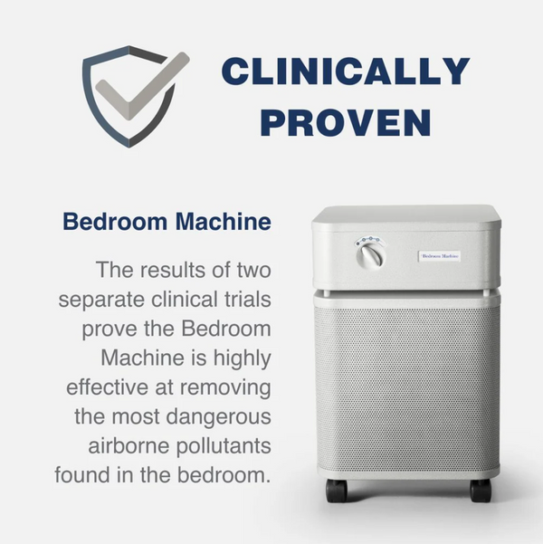 Austin Air Systems Bedroom Machine Air Purifier Shown In The Sandstone Color On A Light Gray Background With Promotional Text Reading 'Clinically Proven' And A Description Of The Bedroom Machine