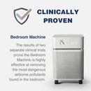 Austin Air Systems Bedroom Machine Air Purifier Shown In The Sandstone Color On A Light Gray Background With Promotional Text Reading 'Clinically Proven' And A Description Of The Bedroom Machine