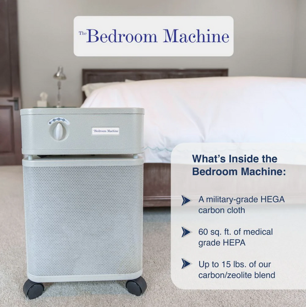 Austin Air Systems Bedroom Machine Air Purifier Shown In The Sandstone Labeled 'The Bedroom Machine' Shown In A Bedroom Setting Next To A Bed. Text On The Right Lists Included Components: A Military-Grade HEGA Carbon Cloth, 60 sq. 
