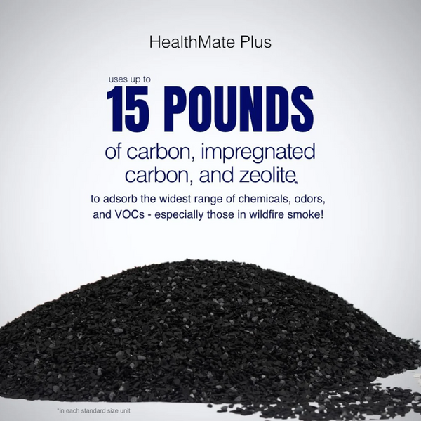 Austin Air Systems HealthMate Plus Standard Air Purifier With Text About Carbon And Zeolite Usage On A White Background