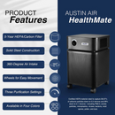 Austin Air Systems HealthMate Standard Air Purifier Shown On A Split White And Dark Blue Promotional Graphic With Feature Callouts Including 5-Year HEPA/Carbon Filter, Solid Steel Construction, 360-Degree Air Intake, Wheels For Easy Movement, Three Purification Settings, And Availability In Four Colors
