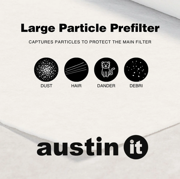 Austin Air Systems "it" Personal Compact Air Purifier Large Particle Prefilter With Icons And Text On A White Background