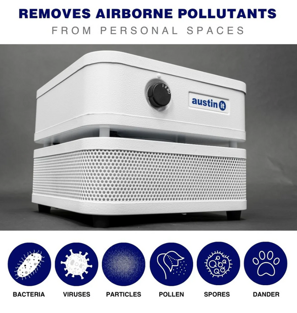 Austin Air Systems "it" Personal Compact Air Purifier Shown With Promotional Text At The Top And Feature Icons At The Bottom Indicating Pollutant Removal