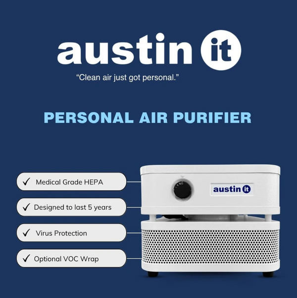 Austin Air Systems "it" Personal Compact Air Purifier With Features Listed On A Blue Background