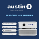 Austin Air Systems "it" Personal Compact Air Purifier With Features Listed On A Blue Background
