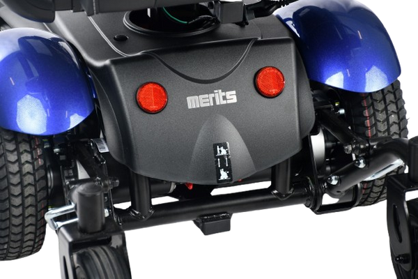 Back View Of The Merits Vision Sport Power Chair In Blue Color With 'Merits' Branding 