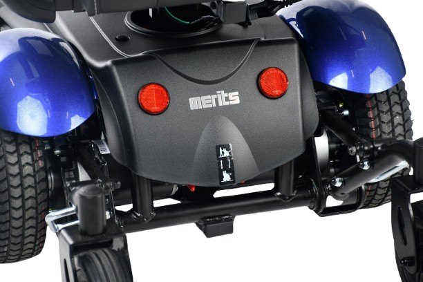 Back View Of The Merits Vision Sport Power Chair In Blue Color With 'Merits' Branding 