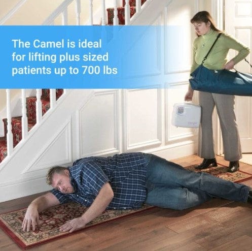 Bariatric Man On The Floor With Woman Holding The Winncare Mangar Camel With Airflo 24 Behind Him