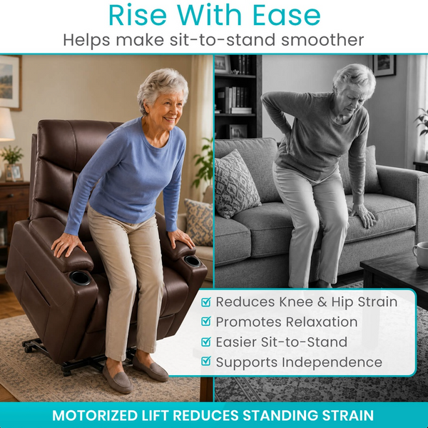 Before And After Images Of The Vive Health Lounge Lift Chair Shown With An Elderly Woman Rising Out Of The Chair With Text Rise With Ease And Helps Make Sit-To-Stand Smoother