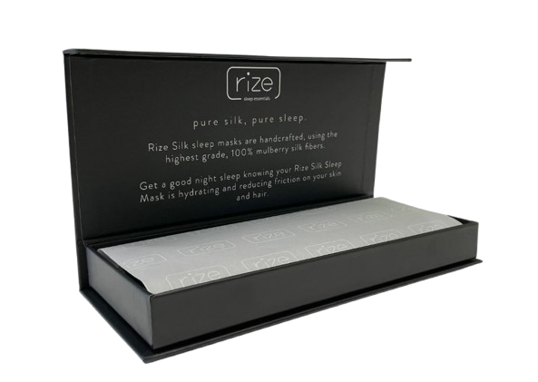 Black Box Containing Rize Home Silk Sleep Mask With Brand Name 