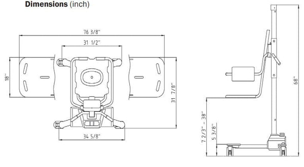 Blueprint Drawing Of The TR Equipment Mobile Stretcher Lift TR9650 Showing Its Dimensions