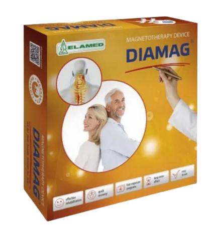 Box Packaging For The Almagia International ALMAG 03 DIAMAG Transcranial PEMF Therapy Device Featuring The Product Name And Images Of The Device, Its Uses, And A Family-Friendly Design