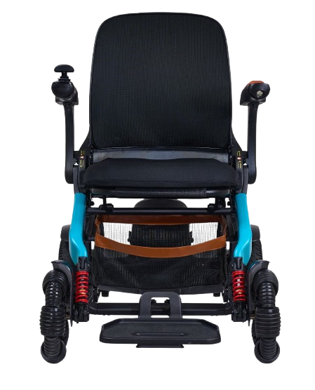 Center Front View Of The Golden Technologies Ally Pro Omnidirectional Electric Wheelchair Shown In Teal Color