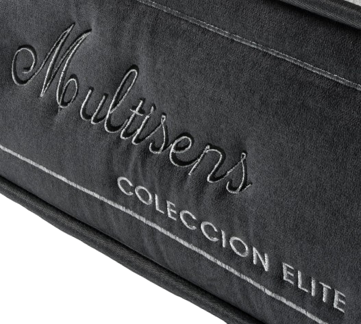 Close-Up View Of A Dark Gray Plush Fabric Surface With Embroidered Text Reading 'Multisens' And 'Coleccion Elite' In Light Gray Thread