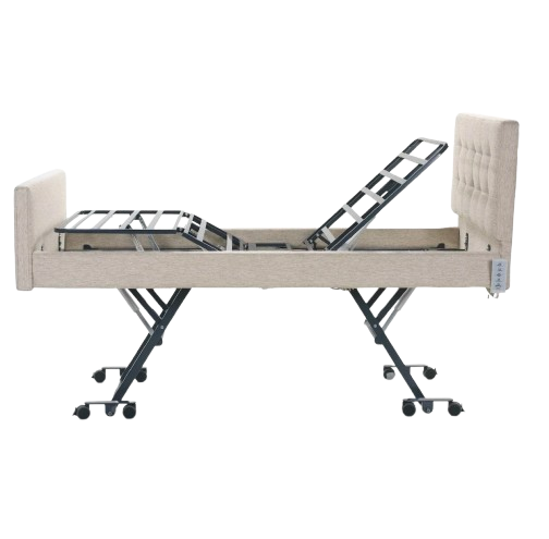 Close Left Side View Of The Nitrocare Miranda Hi Low Adjustable Bed Shown In The Raised Position With The Head Portion Of The Frame In The Slightly Raised Position Without Mattress