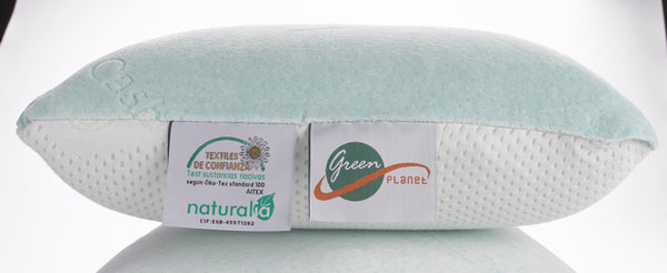 Close Up Centered View Of The Eurolux Green Planet Pillow With Visible Certification Tags On The Pillow