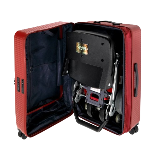 Close Up Front Centered View Of The FreeRiderUSA Luggie Suitcase Shown In The Red Color In The Opened Position